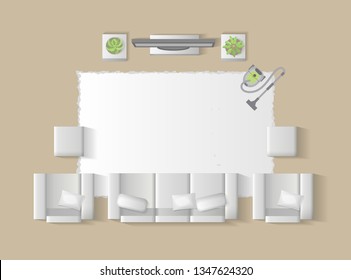 Vector illustration. Living room top view. Sofa, armchairs, table, TV, interior elements. (view from above) 