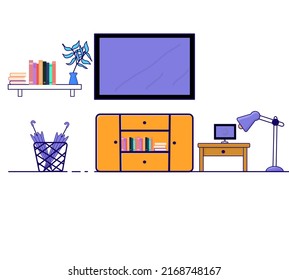 Vector illustration of a living room with a TV on the lid and cupboards underneath. There is a bookshelf in the left corner beside the TV, an umbrella with a cage in the bottom, and a computer desk an