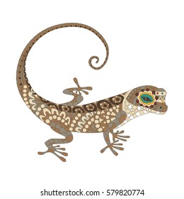 Vector illustration of the lizard, isolated. Artwork in ethnic and zentangle style. T-shirt, print, card, poster, tattoo design