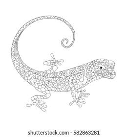 Vector illustration of the lizard, isolated. Black and white artwork in ethnic and zentangle style. Coloring page, t-shirt, print, card, poster, tattoo design