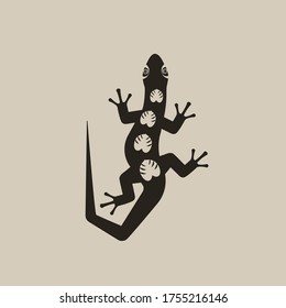 Vector illustration of a lizard on a colored background with monstera leaves on the back. Logo. Flat design.
