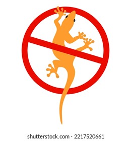 Vector illustration of a lizard with a red circle sign. Prohibition of lizards, danger of lizards, don't touch lizards. Isolated on a white background