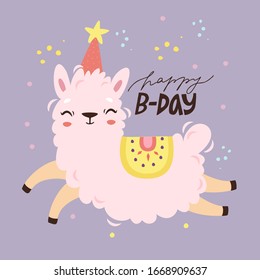 Vector illustration with llama and alpaca, cartoon sheep, happy birthday celebration. Cute fluffy animal