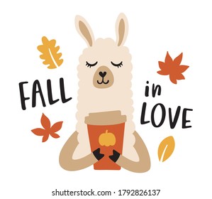 Vector Illustration Of A Llama Or Alpaca Drinking A Pumpkin Spice Latte Coffee To Go During Fall Season.