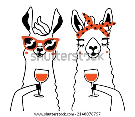 Vector illustration of llama and alpaca with glasses of red wine. Funny print design with animal, wall decoration paper