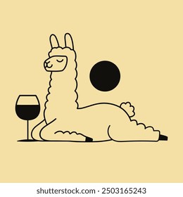 Ilustración vectorial con llama o alpaca, sol y copa de vino. Diseño de la impresión de la ropa con el animal relajado, cartel divertido. Ilustración vectorial con llama o alpaca, sol y copa de vino. Impresión de ropa 