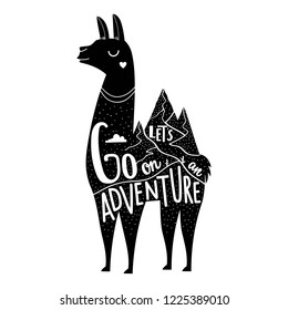 Vector illustration with llama animal and lettering quote - Let's go on an Adventure. Inspirational typography poster