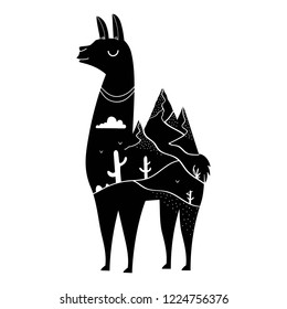 Vector illustration with llama, cactus and mountains