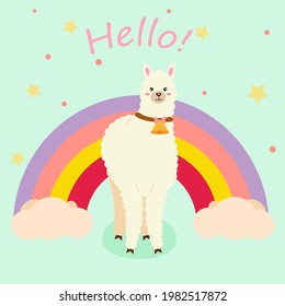 Vector illustration. Llama in cartoon style. Nice lama. Rainbow and clouds.