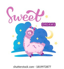 Vector illustration - a llama flying in a dream, vector inscription - Sweet dreams for printing on clothes, postcards, posters, stickers