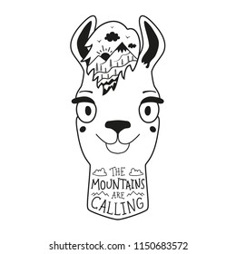 Vector illustration with llama and nature landscape in the hair. Lettering inspirational quote - The mountains are calling