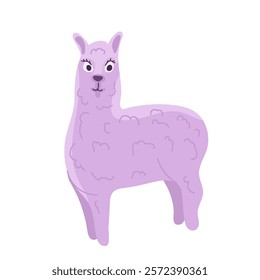 vector illustration with llama on white isolated background. cartoon, flat style. illustration children's, cute. animals, wildlife. full growth, side view.