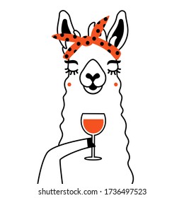 Vector illustration of llama with red glass of wine. Funny print design with animal, wall decoration paper