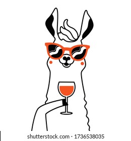 Vector illustration of llama with red glass of wine. Funny print design with animal, wall decoration paper