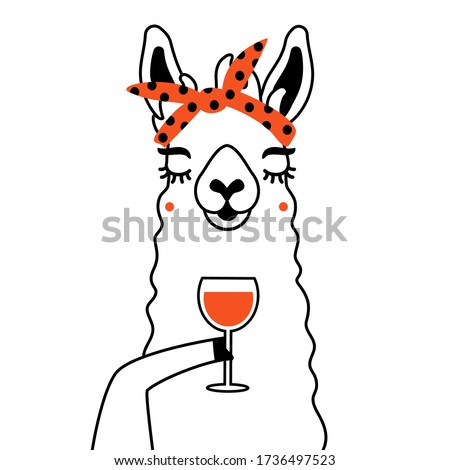 Vector illustration of llama with red glass of wine. Funny print design with animal, wall decoration paper