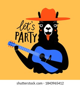 Vector illustration with llama in red hat playing blue acoustic guitar. Let's party lettering phrase. Colored typography poster with animal, funny print design