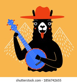 Vector illustration with llama in red hat playing blue banjo. White doodle style mountains on background. Funny colored poster with farm animal, trendy music print design