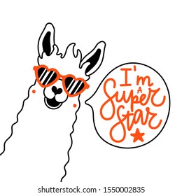 Vector illustration with llama at red heart shaped glasses and speech bubble. I am a Super Star lettering quote. Inspirational typography poster, funny apparel print design with animal