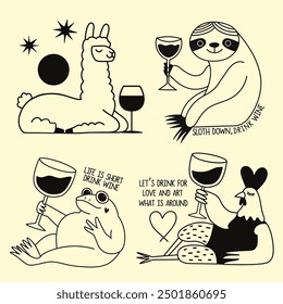 Vector illustration with llama, sloth, frog and chicken with wine and funny phrases. Humor animal print designs, greeting card set, tattoo templates