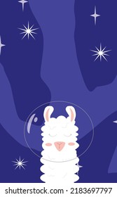Vector illustration of llama in space. Blue background with stars.