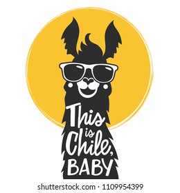 Vector illustration with llama in a sunglasses and lettering text - this is Chile, baby. Typography poster with animal