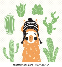 vector illustration of a llama in a traditional bolivian hat and cactus around