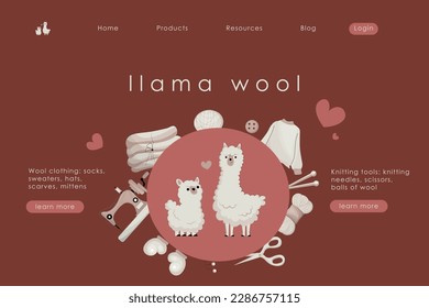 Vector illustration of llama wool shop. Isolated vector, web store, web commerce, landing page design, wool and knitting tool store. Wool clothes.