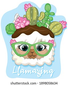 vector illustration of a llamas between the cactus. summer llama with eyeglasses.