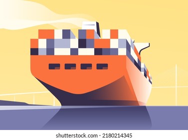 Vector illustration of a loaded container cargo ship passes under the bridge.