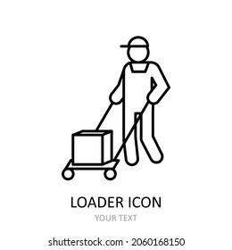 Vector illustration with loader icon. Outline drawing. Loader trasporting a box.