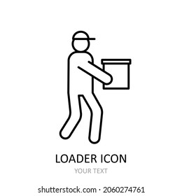 Vector illustration with loader icon. Outline drawing. Loader trasporting a box.