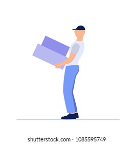 Vector illustration of loader man with cardboard boxes. Delivery people concept flat style design element, icon isolated on white background.