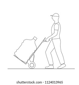 vector illustration loader man moves  large bottle of water on trolley, isolated on white background ,linear design