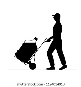 vector illustration loader man moves  large bottle of water on trolley, isolated on white background 