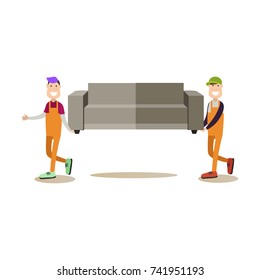 Vector illustration of loaders carrying sofa. Moving company services. Professional workers flat style design element, icon isolated on white background.