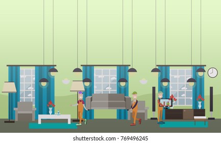 Vector illustration of loaders carrying sofa, tv. Moving or delivery company services flat style design elements.
