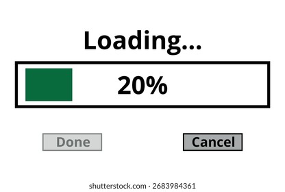 Ilustração vetorial de uma barra de carga com botões de cancelamento e de conclusão para sites e recursos gráficos. Uma barra verde 20% carregada isolada em um plano de fundo transparente.