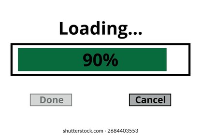 Vector illustration of a loading bar with cancel and done buttons for websites and graphic resources. A green 90% loaded bar isolated on a transparent background.