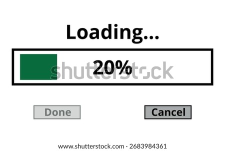 Vector illustration of a loading bar with cancel and done buttons for websites and graphic resources. A green 20% loaded bar isolated on a transparent background.