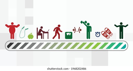 vector illustration of loading bar and person increasing sport activity and losing weight