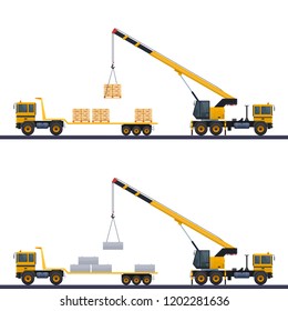 Vector illustration of loading building blocks, truck crane and truck with blocks and cement.