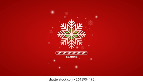 Vector illustration of a Loading Christmas progress bar. Fun and festive design with holiday elements like snow, gifts, Santa hat, stars, lights, and ornaments. Perfect for greeting cards, websites.