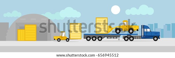 Vector illustration of loading and delivery\
process.  lift truck and truck. Flat style. Good for advertisement,\
banners, posters and\
cards.