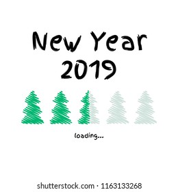 vector illustration. loading. download. New year 2019. green sketch Christmas trees. 