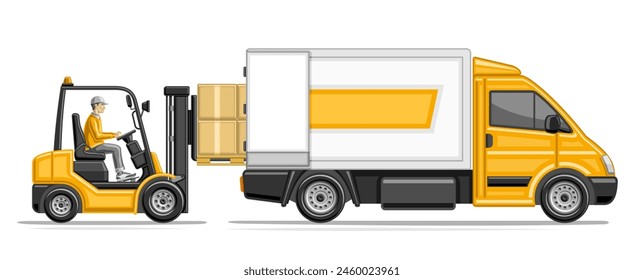 Vector illustration of Loading Truck, horizontal header with profile side view forklift load pallet with cardboard boxes in delivery truck, postal lorry truck with yellow cabin on white background