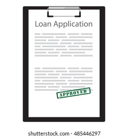 Vector illustration loan application with green rubber stamp approved. Contract agreement.