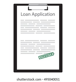 Vector illustration loan application with green rubber stamp approved. Contract agreement.