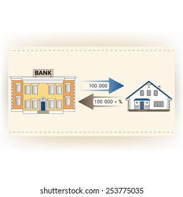 Vector illustration: ?ortgage loan to buy a house. Returns mortgage loan with interest. Infographics: Mortgage loan as a cash flow. Buying real estate in white, yellow, brown, blue colors.