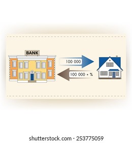 Vector illustration: ?ortgage loan to buy a house. Returns mortgage loan with interest. Infographics: Mortgage loan as a cash flow. Buying real estate in white, yellow, brown, blue colors.