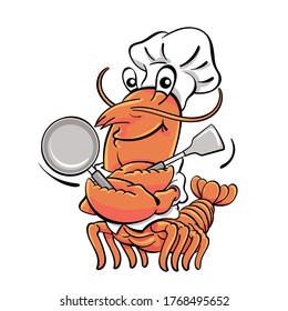 Vector illustration of a lobster chef holding a frying pan and a spatula
